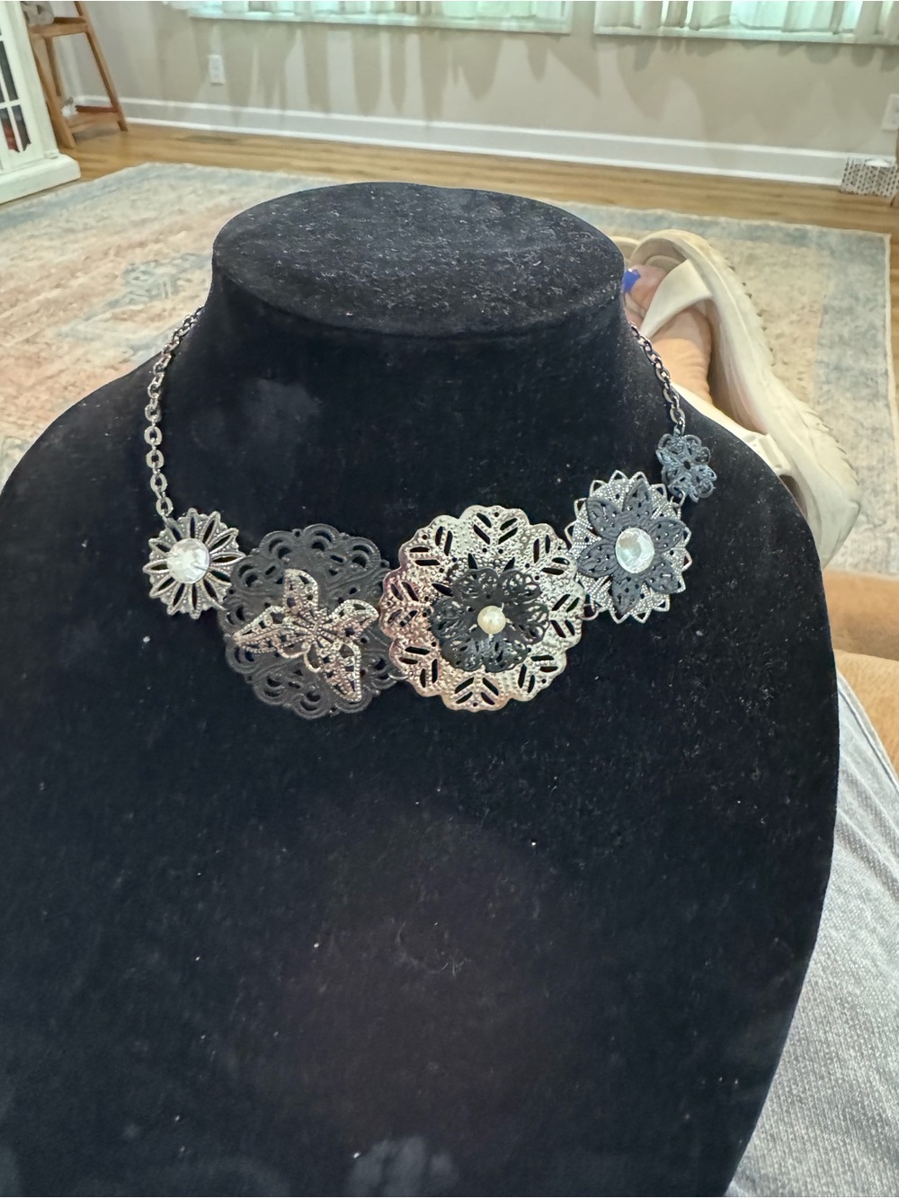 Floral Filigree Statement Necklace - Silver